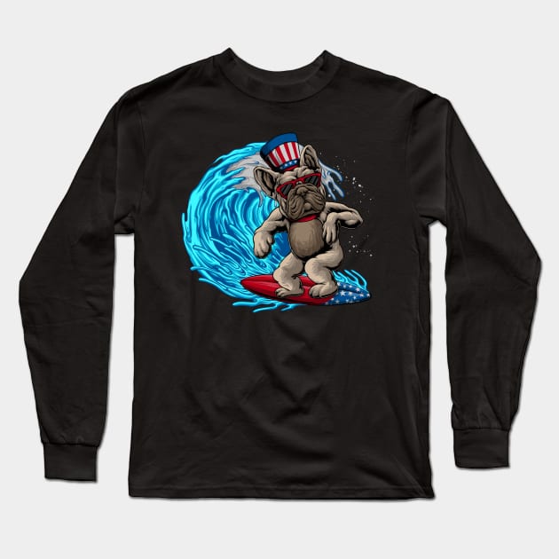 Patriotic French Bulldog Surfing Art Frenchie Dog Surfboard Long Sleeve T-Shirt by Proficient Tees